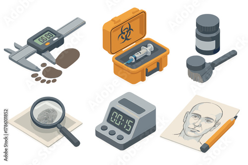 Forensic Science Toolkit. Isometric vector illustration set Forensic science: digital caliper measuring trace, syringe inside