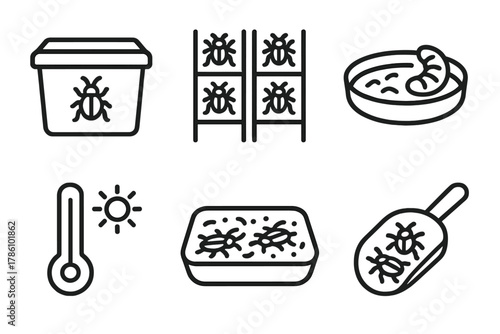 Insect Farming Icons. Line style icons of insect farming: insect breeding box, vertical farm shelves, larva container, temperature