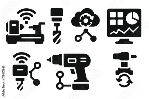 IoT Manufacturing Icons. Solid style icons of IoT-connected manufacturing: Wi-Fi symbol on lathe, connected micro-tool, cloud sync