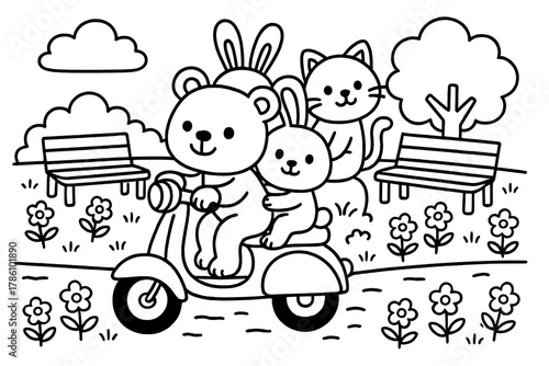 Scooter Animal Adventure. A playful scooter with animal passengers riding through a park with flowers and benches, black and white