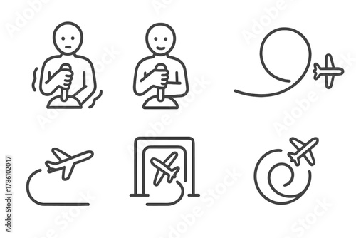 Beginner vs Pro Pilots. Line style icons of beginner vs pro pilot: shaky control stick, confident grip stance, wide flight path,