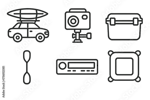 Amphibious Car Accessories. Line style icons of amphibious car accessories: roof rack with kayak, underwater camera mount,