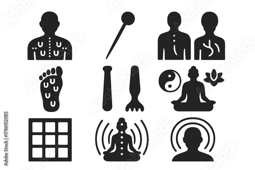 Acupuncture Magnet Therapy Icons. Solid style icons of acupuncture + magnet therapy: meridian chart with magnet points, needle +