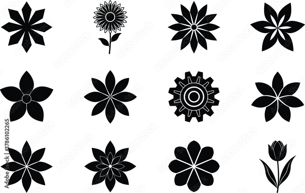 Obraz premium Floral Icon Set Black Flower Silhouette Collection for Decorative and Botanical Design