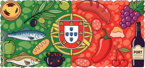 Portuguese Flag with National Food Symbols Collage