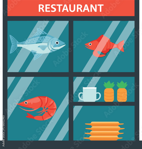 Seafood Restaurant Window Display with Fish and Shrimp