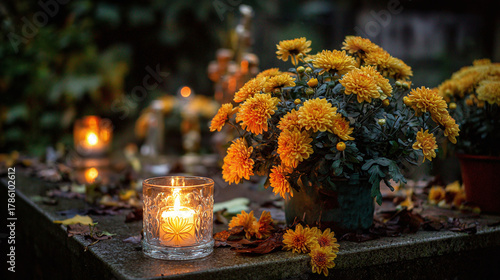 Illuminating Memories: A candle's gentle glow, golden chrysanthemums in bloom, honoring cherished memories in a solemn and beautiful setting.