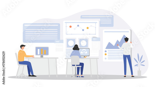 Diverse team collaborating on data analysis and business growth strategies in a modern office environment with charts and graphs