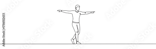Continuous one line drawing of a person standing with arms outstretched. Concept of balance, freedom and happiness