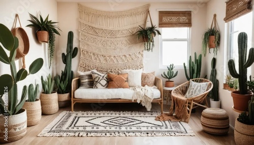 Cozy Living Room with Bohemian Decor and Abundant Green Plants