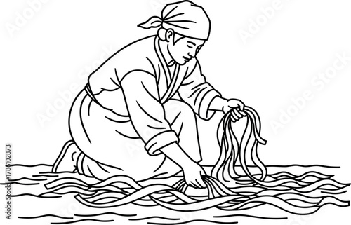 Traditional seaweed harvesting in line art