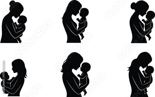 Mother holding baby silhouette, maternal love, family care, motherhood illustration, newborn bonding, parent affection, mom and infant relationship concept