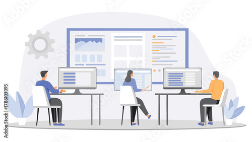 Diverse team of professionals collaborating and working on computers in a modern office setting with data visualization on a large screen