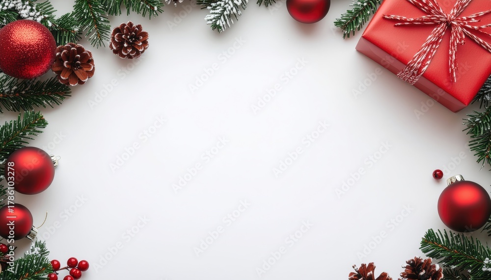 Obraz premium Festive holiday decoration with red ornaments and gift box christmas theme flat lay indoor setting warm ambiance