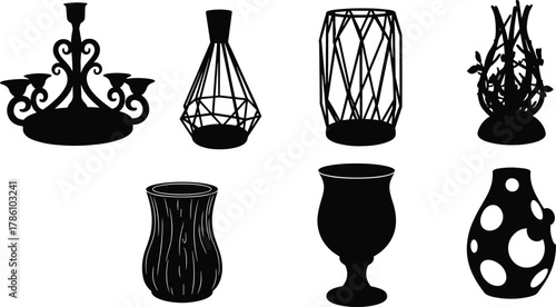 Modern vase and candle holder silhouette collection, decorative pottery and metal art design, elegant home decor vector illustrationModern vase and candle holder silhouette collection