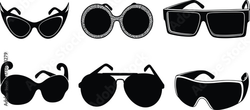 Modern sunglasses vector collection, stylish eyewear design set, fashion accessory illustration, trendy glasses silhouettes, black and white minimalist concept