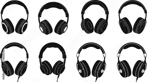 Modern over ear headphones collection, black and white audio design, wireless and wired music headset illustration, stylish sound device concept