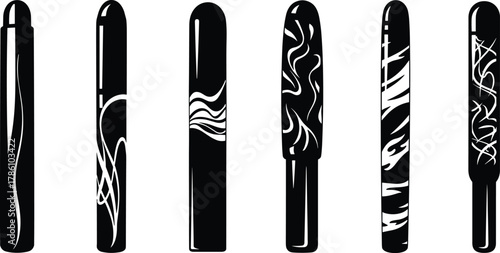 Modern pen silhouette set, elegant black and white design, creative writing instruments, artistic line decoration, minimalist stationery illustration concept