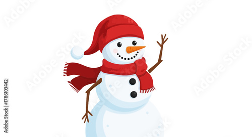 Friendly cartoon snowman wearing a red hat and scarf waving hello with a cheerful smile on a white background