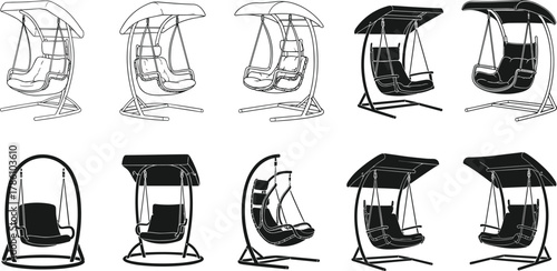 Modern hanging swing chair vector set, garden hammock seat illustration, outdoor furniture design icons, patio relaxation swings, minimal silhouette artwork