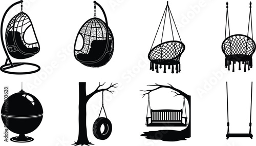 Modern hanging chair and swing collection, outdoor and indoor hammock seat designs, garden furniture silhouette set, vector illustration, relaxation concept