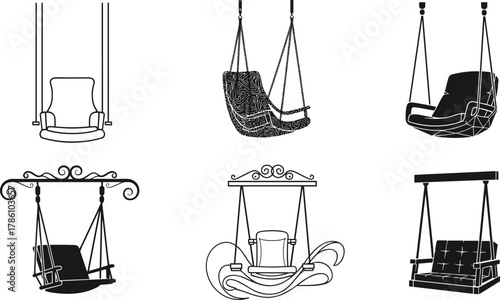 Modern hanging chair and swing vector set, stylish indoor outdoor seating design, contemporary furniture, relaxation hammock chair illustration