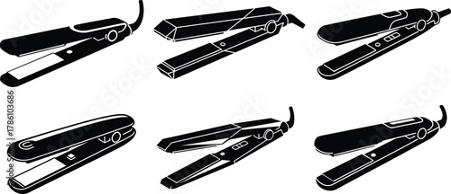 Modern hair straightener icon set, flat iron styling tools, salon equipment, beauty device collection, professional hairstyling illustration, electric hair care design