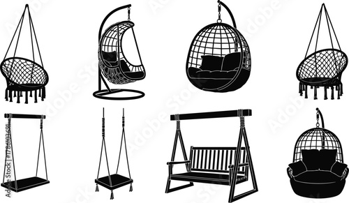 Modern hanging chair and swing collection, black silhouette vector set, outdoor garden furniture, hammock seat, cozy home decor design