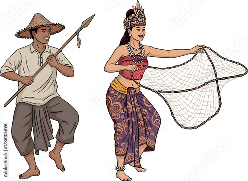 Traditional Fishermen Dance: Man with Spear, Woman with Net