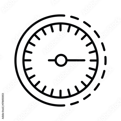 A black gauge icon with a circular dial tick marks and a single needle pointing horizontally There is a broken dashed line around it