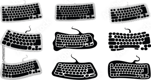 Modern computer keyboard vector set, black silhouette design, technology input device illustration, digital communication tool collection, ergonomic keyboard icon art