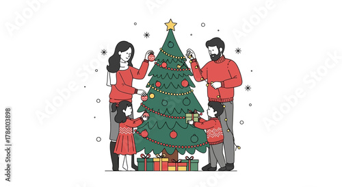 Happy family decorating a christmas tree with ornaments and lights surrounded by presents celebrating the holiday season together