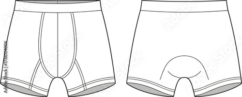 Men’s boxer briefs sketch, front and back view, technical flat, garment design, contour pouch, seam lines, fashion illustration, underwear template