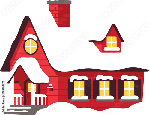Cozy red house covered in snow with smoke coming from the chimney on white