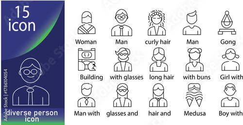 Set of 15 Diverse People and Character Line Icons Featuring Various Hairstyles, Gender, and Objects