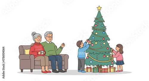 Happy grandparents watch grandchildren decorate a festive christmas tree with ornaments and gifts below on white background
