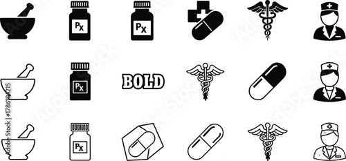 Medical and healthcare icons, pharmacy symbols, nurse, medicine bottle, capsule, healthcare logo, medical vector design, hospital and drug illustration