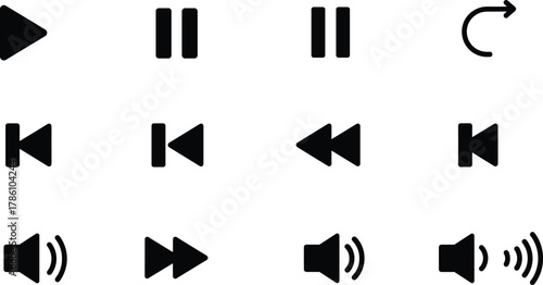 Media player, audio control, music playback, sound volume, pause, play, rewind, fast forward, repeat, multimedia navigation, interface icons