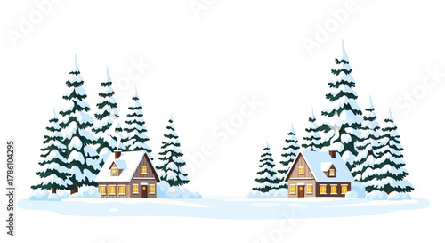 Cozy winter scene with two snow covered cabins nestled amongst evergreen trees with warm light emanating from windows