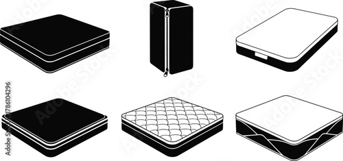 Mattress icons, foam layers, quilted design, zipper mattress, portable bed, silhouette illustration, bedding types, sleep comfort, black graphic, mattress structure