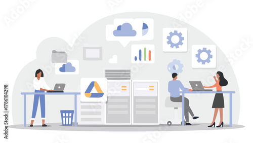 Diverse team collaborating on cloud computing and data analysis projects in a modern office environment with technology icons