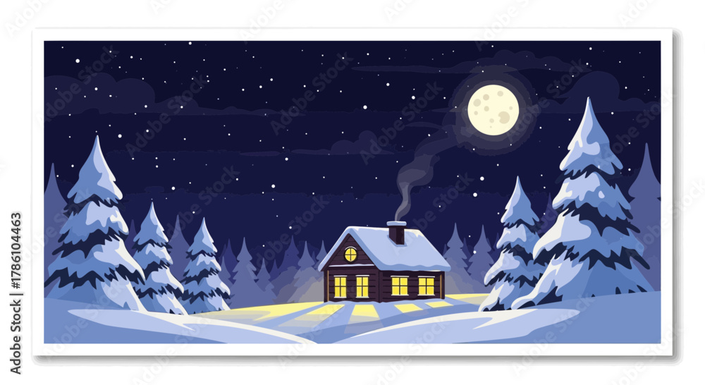 Fototapeta premium Cozy snow covered cabin nestled in a winter forest under a starry night sky with a full moon