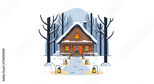 Cozy wooden cabin nestled in a snowy forest with glowing windows and illuminated lanterns lining the path