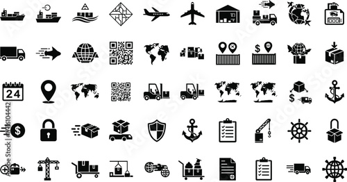 Logistics icons, shipping, transportation, cargo, airplane, truck, warehouse, forklift, global delivery, barcode, crane, clipboard, anchor, map, security, package, dollar