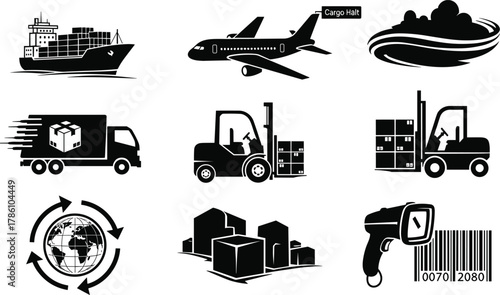 Logistics icons, cargo ship, airplane, barcode scanner, forklift, warehouse, delivery truck, global shipping, supply chain, transport, inventory