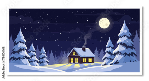 Cozy snow covered cabin nestled in a winter forest under a starry night sky with a full moon