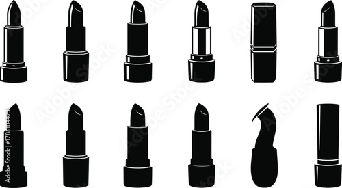 Lipstick vector set, beauty cosmetic icons, makeup product collection, feminine style illustration, black silhouette design for fashion, glamour, and elegance