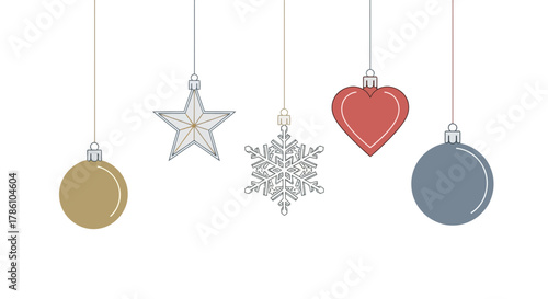 A festive collection of hanging christmas ornaments including a star snowflake heart and baubles on a white background