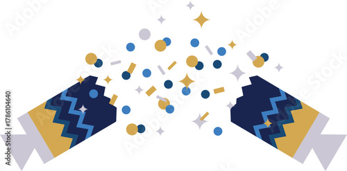 party popper exploding with confetti in silver, gold and blue, isolated vector illustration on white background, design element for decoration, poster, banner, greeting card, invitation