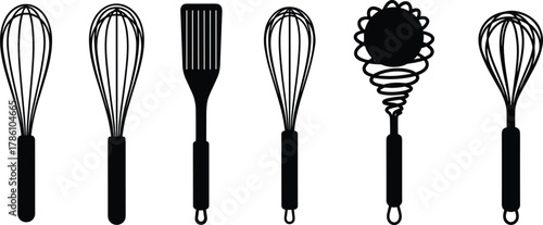 Kitchen whisk and spatula set, black utensil silhouettes, cooking tools vector, food preparation, baking accessories, minimal illustration design